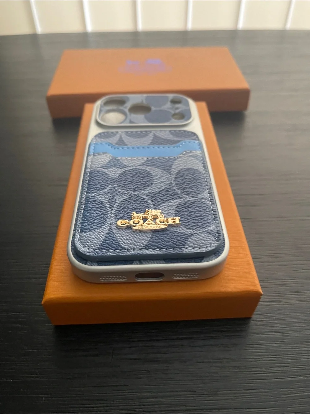 iPhone 17 pro Coach Blue Signature Canvas Phone Case with Bright Blue Card Slot